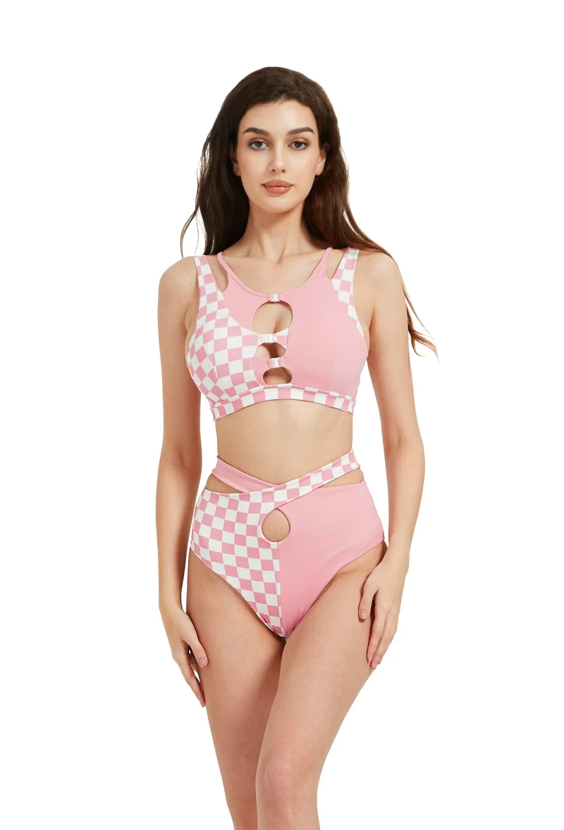 Hamade Activewear Hollow Front Top - Checkered Light Pink - Image 3