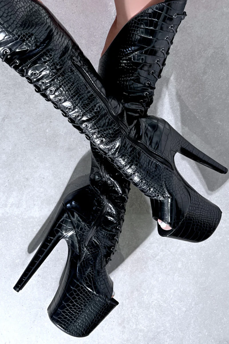 Hella Heels Jungle Open Toe Over The Knee 8inch Boots New Style - Cold Blooded - Image 5