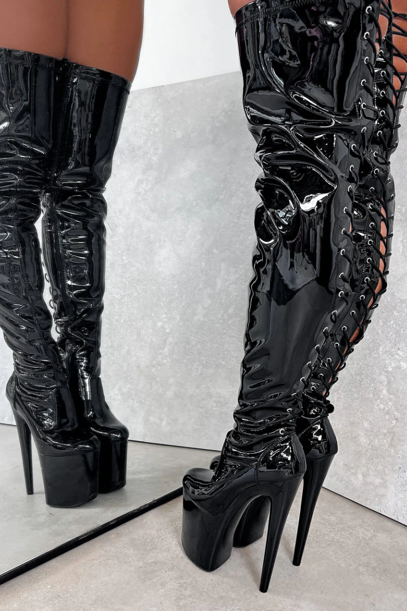 Hella Heels LipKit Thicc Thigh High Back Lace 8inch Boots - Black Beatle - Image 3