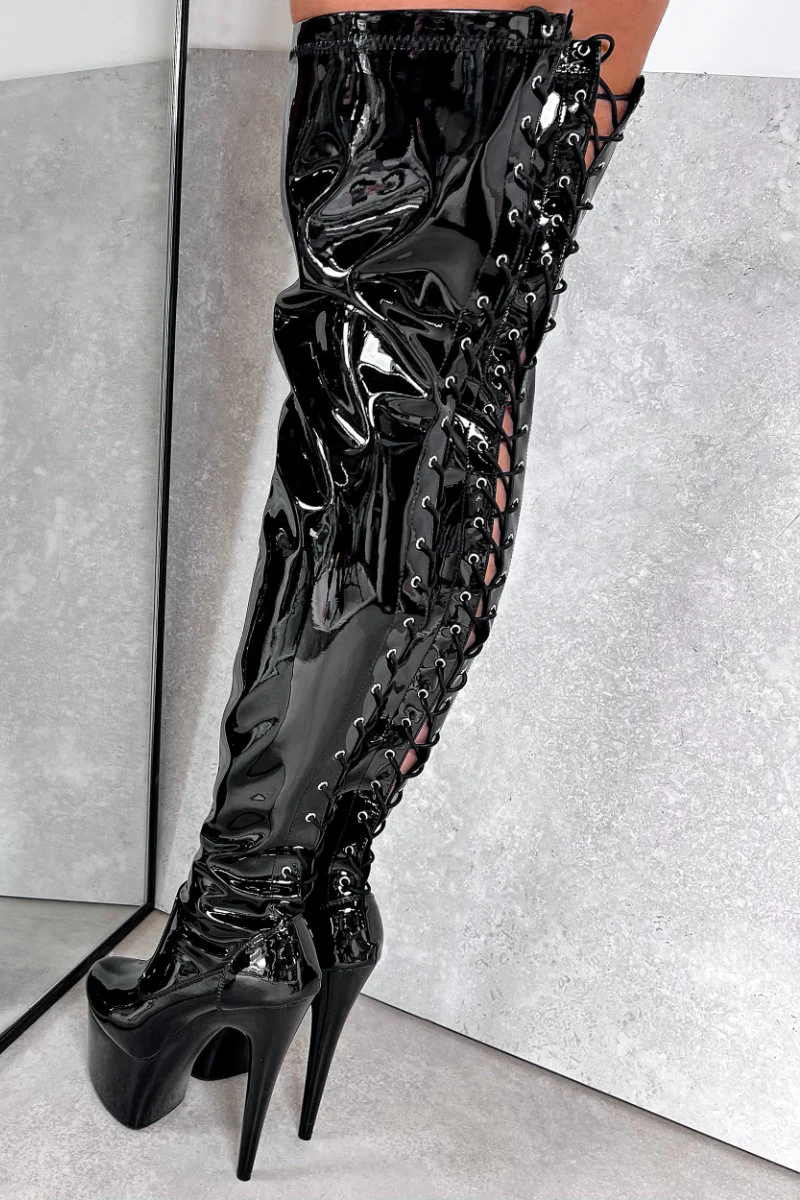 Hella Heels LipKit Thigh High Back Lace 7inch Boots - Black Beatle - Image 3