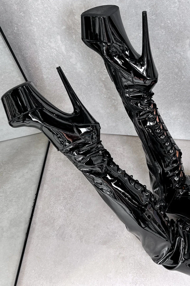 Hella Heels LipKit Thigh High Back Lace 7inch Boots - Black Beatle - Image 4