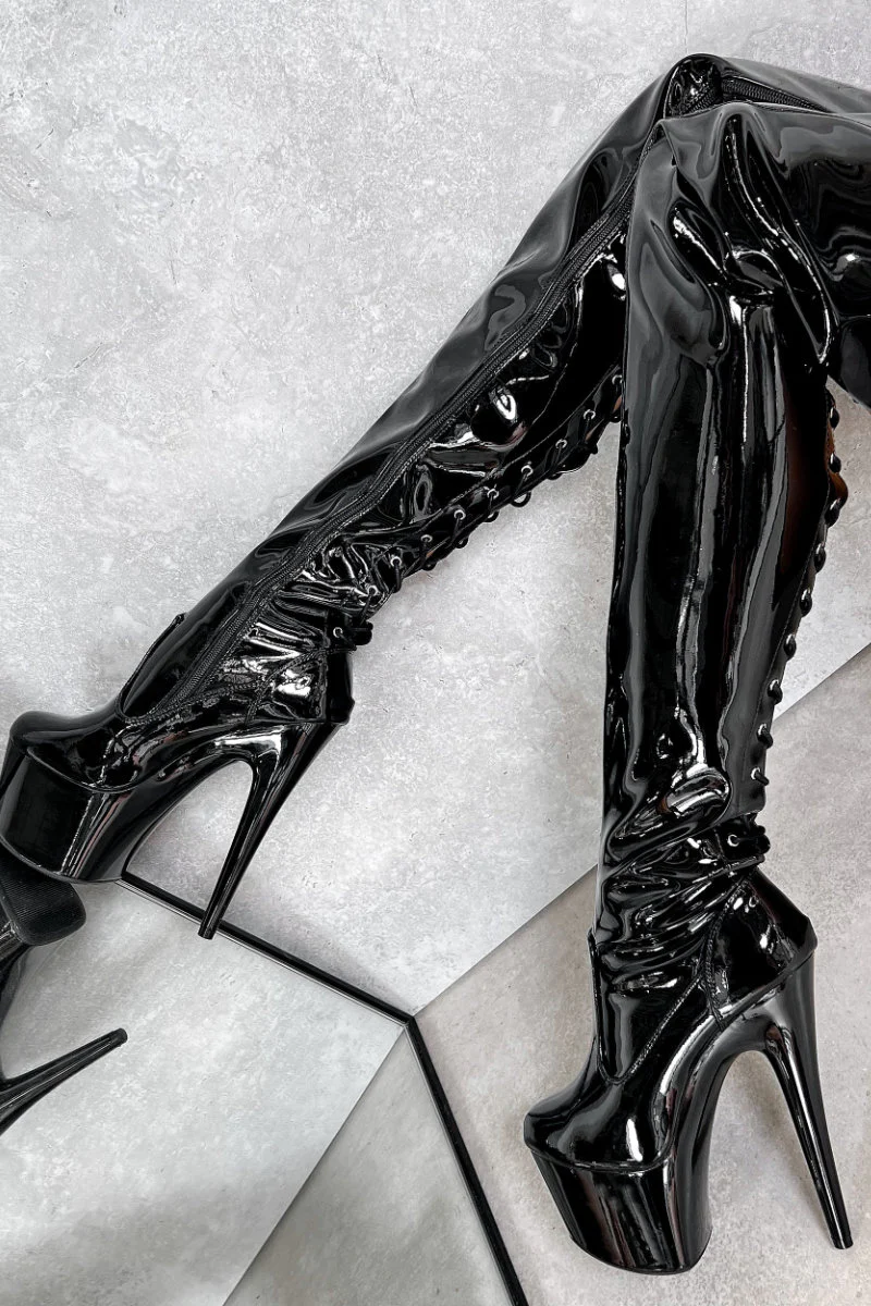 Hella Heels LipKit Thigh High Back Lace 7inch Boots - Black Beatle - Image 5