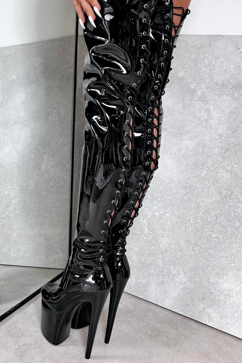 Hella Heels LipKit Thigh High Back Lace 8inch Boots - Black Beatle - Image 3