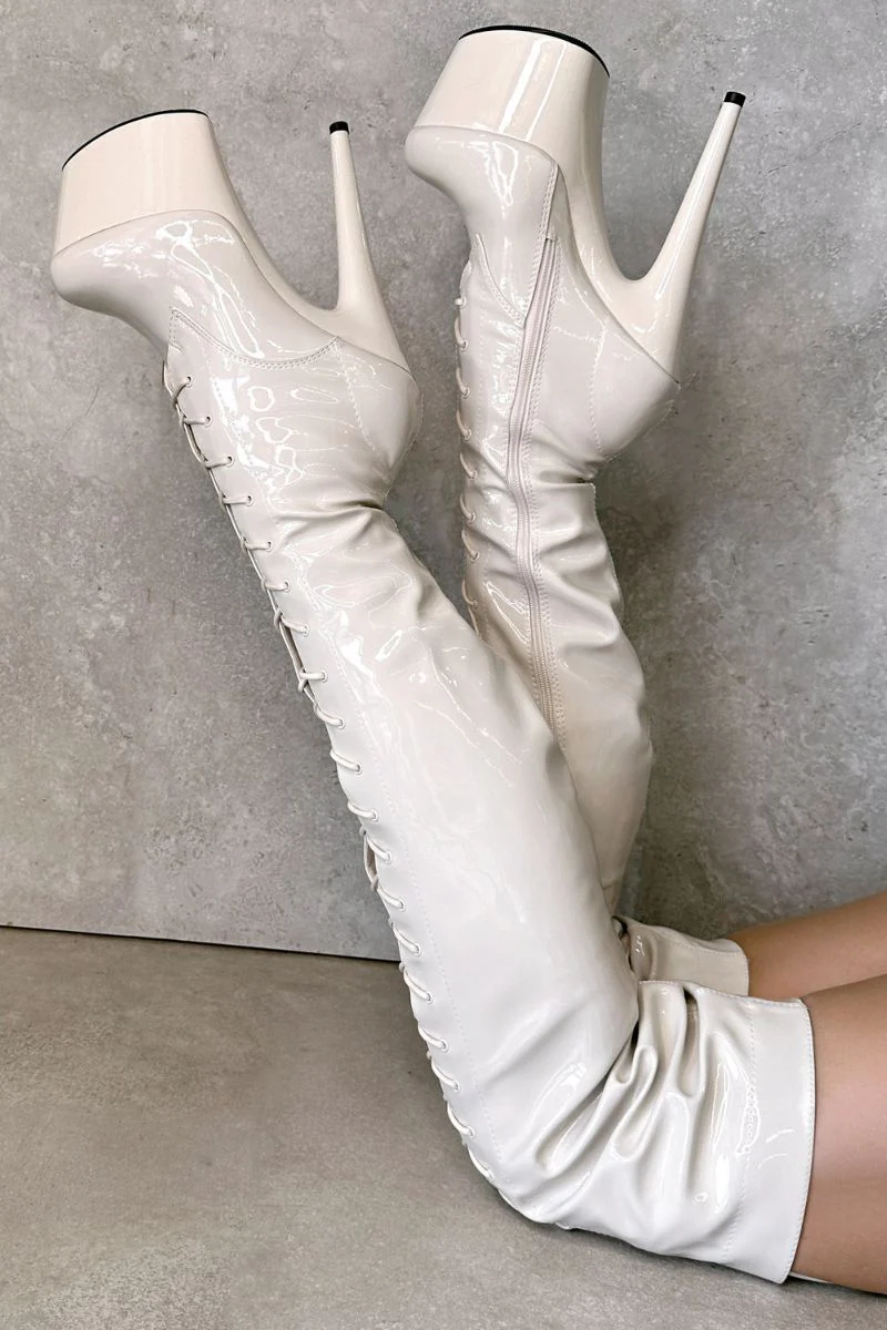 Hella Heels LipKit Thigh High Front Lace 7inch Boots - No Angel - Image 2