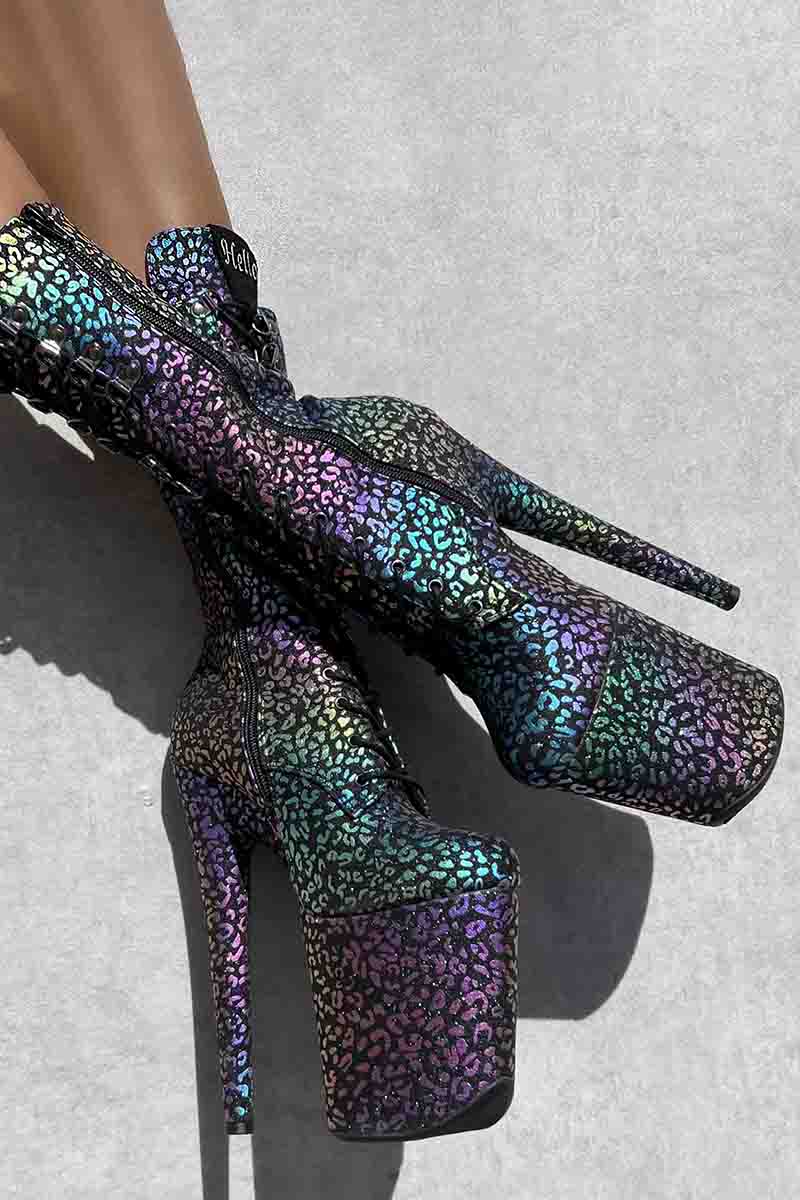 Hella Heels Moonlight Leopard 8inch Boots - Iridescent