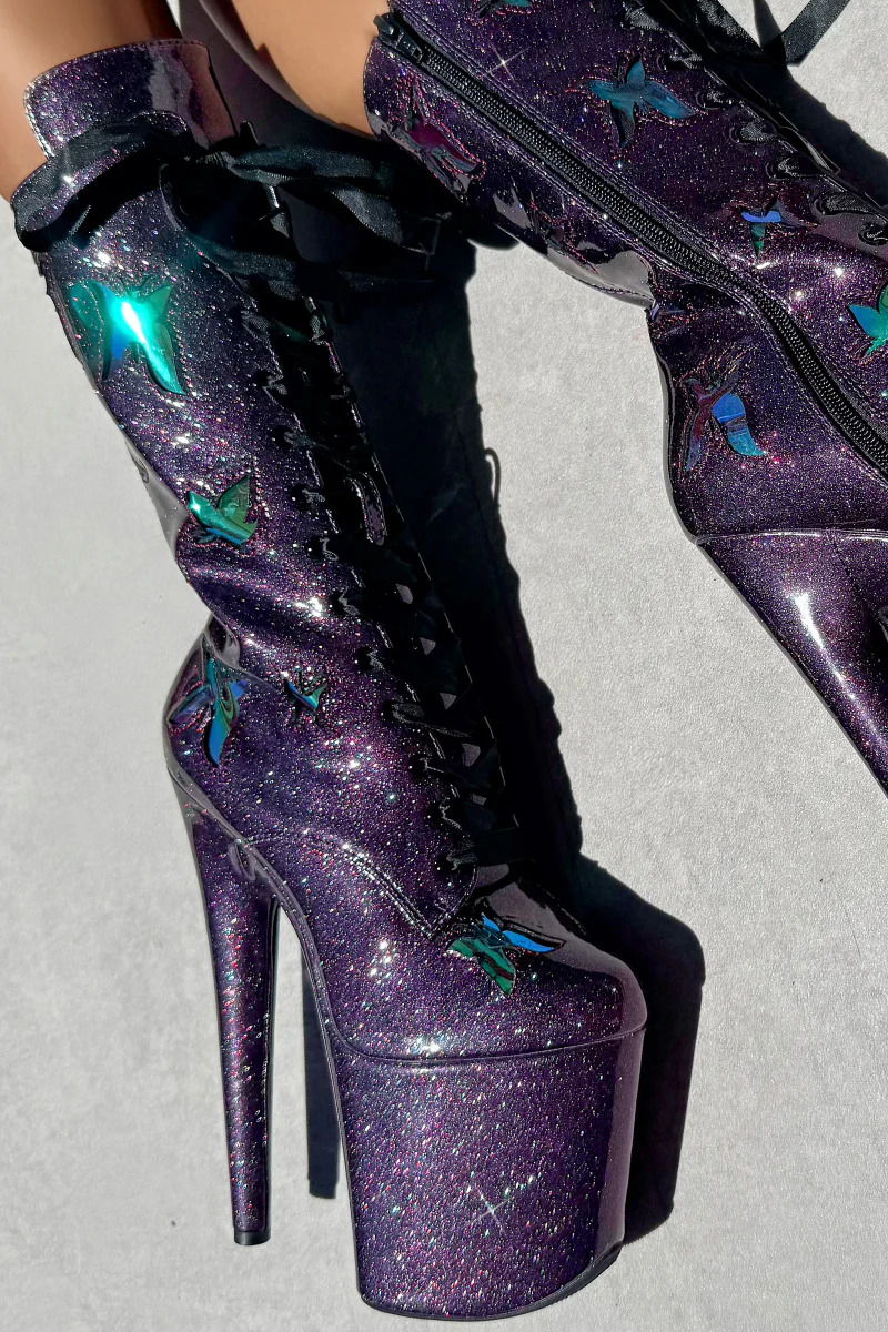 Hella Heels The Glitterati Butterfly 8inch Boots - Mystical Purple - Image 4