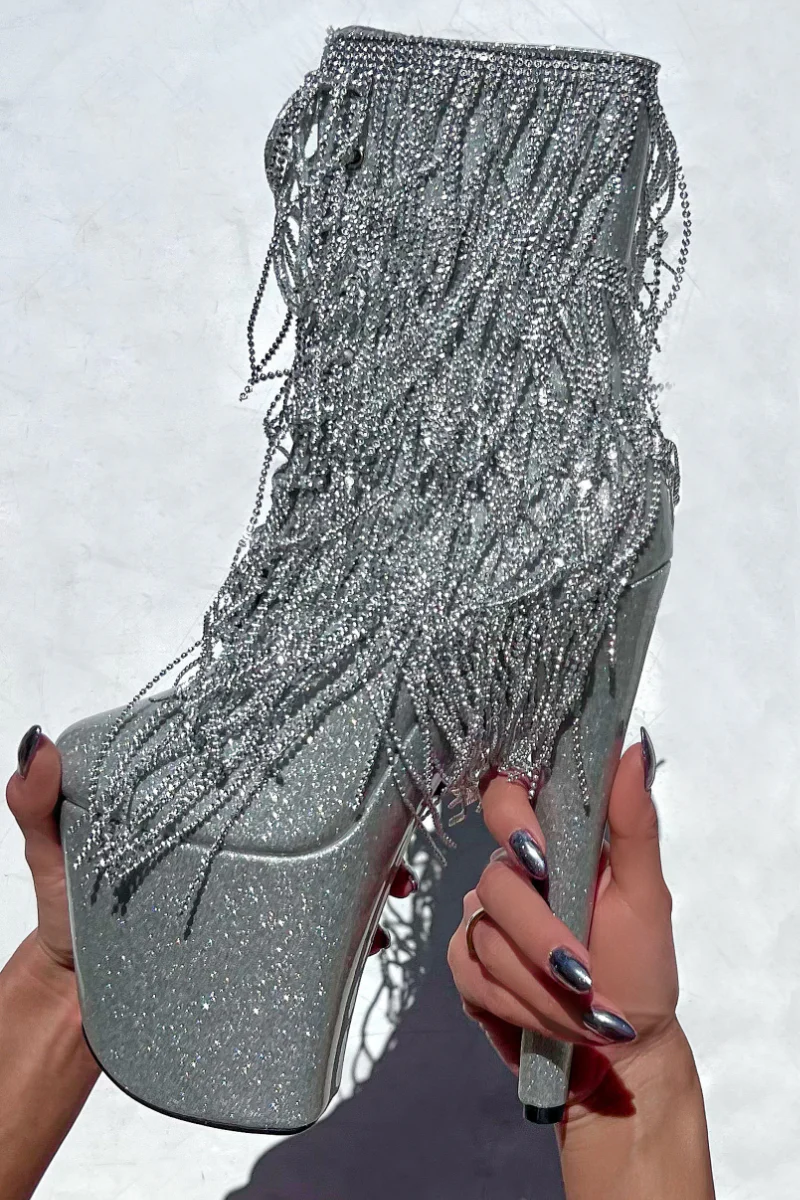 Hella Heels The Glitterati Chrome Cowgirl 8inch Boots - Silver - Image 4