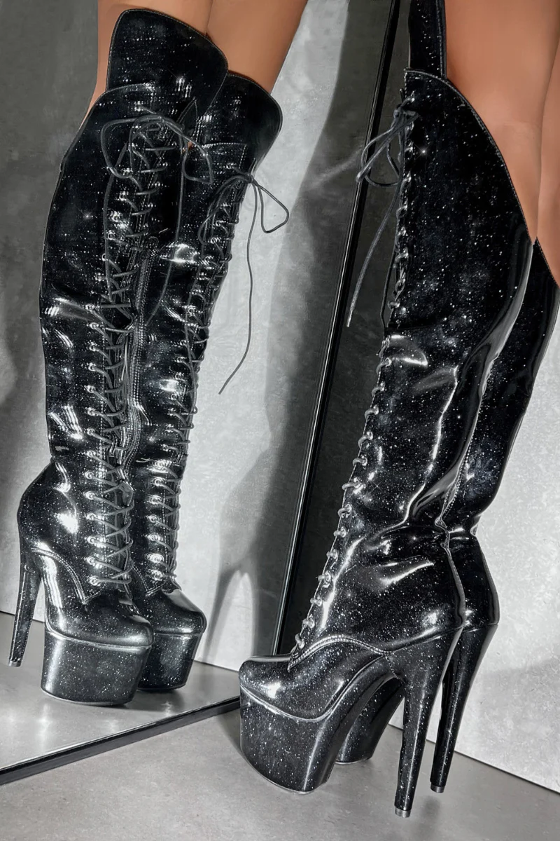Hella Heels The Glitterati Over The Knee 7inch Boots - Sin City