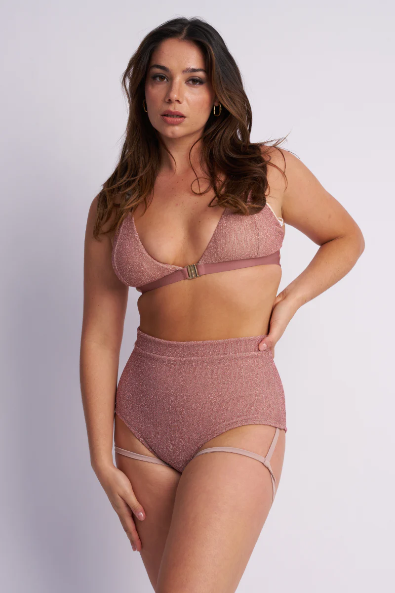 Lunalae Lure You High Waisted Garter Shorts - Rose Gold Lurex - Image 3