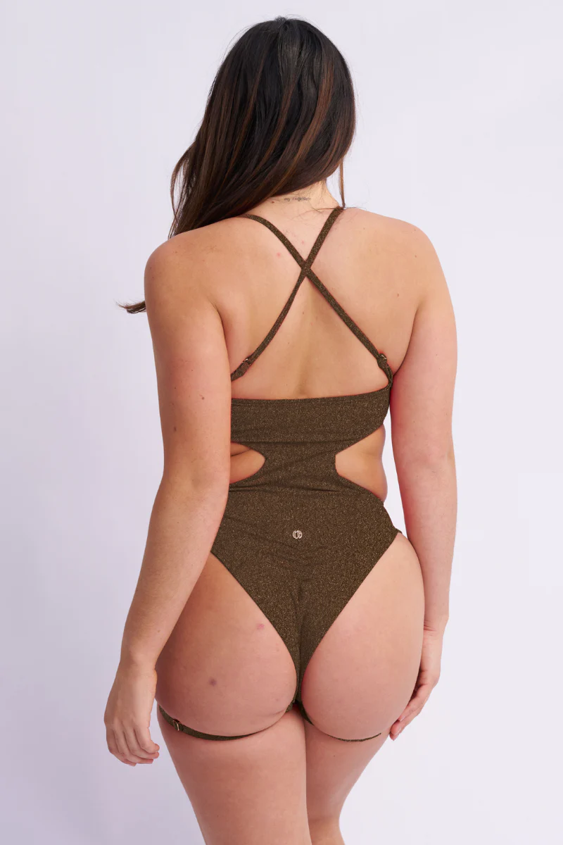 Lunalae Pixie Basic Garter Bodysuit - Gold/Black Lurex - Image 2
