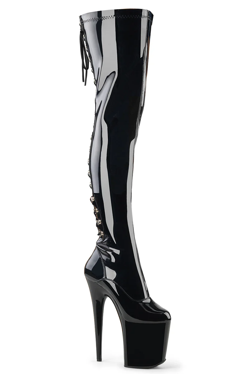 Pleaser USA Flamingo-3063 8inch Thigh High Boots - Patent Black