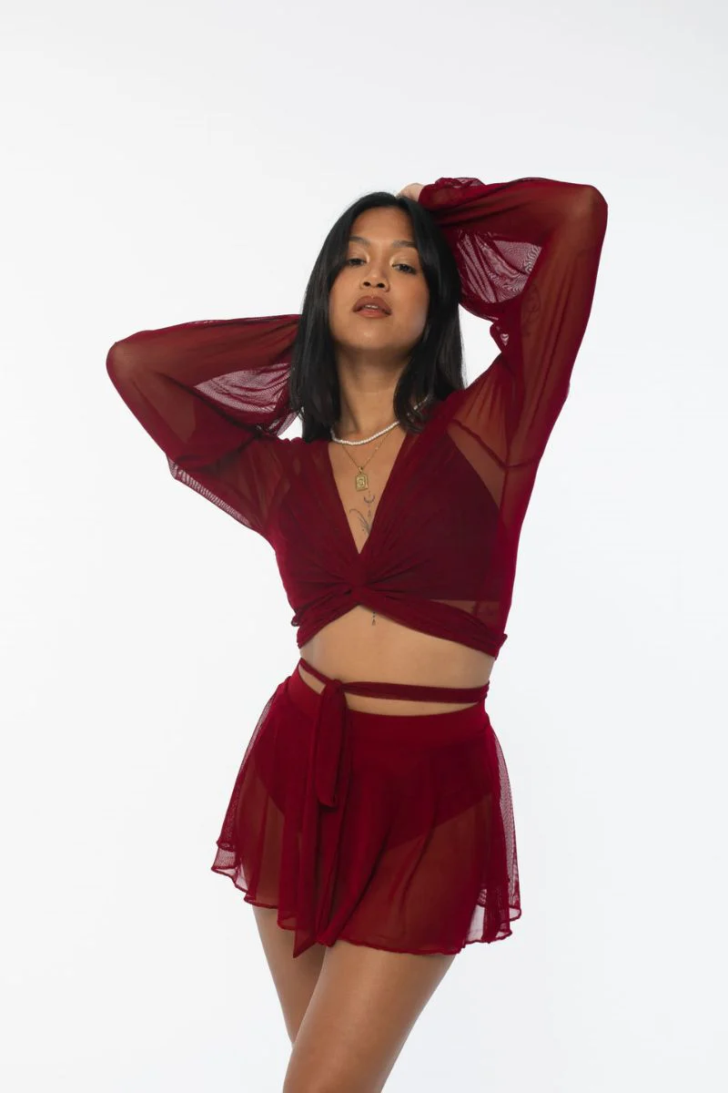 REV ACTIV Mesh Wrap Blouse - Wine