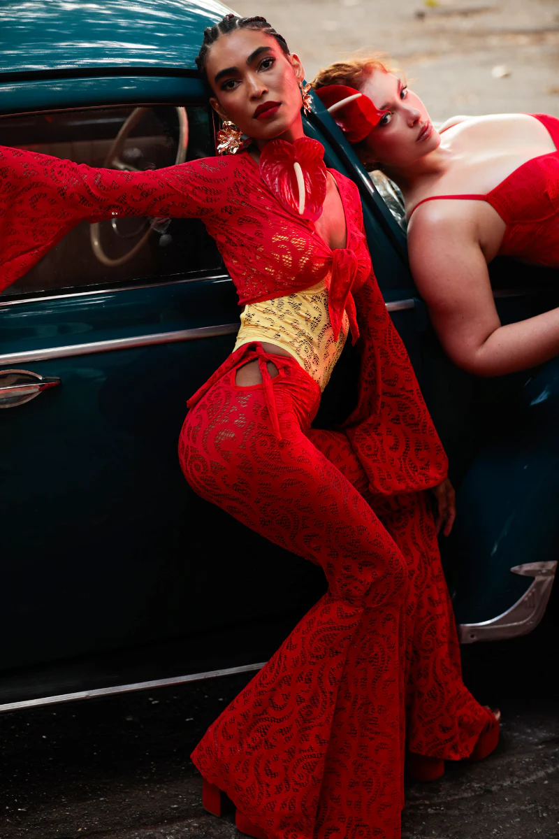 Rolling Bell Bottom Pants - Red Lace