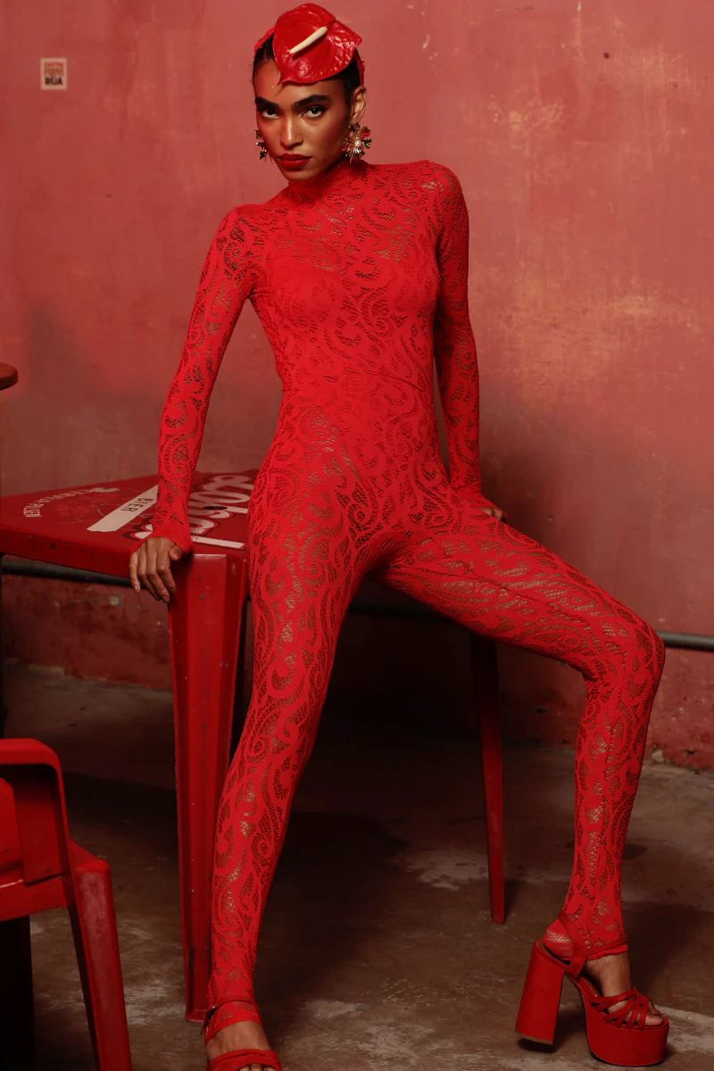 Rolling Cindy Catsuit - Red Lace