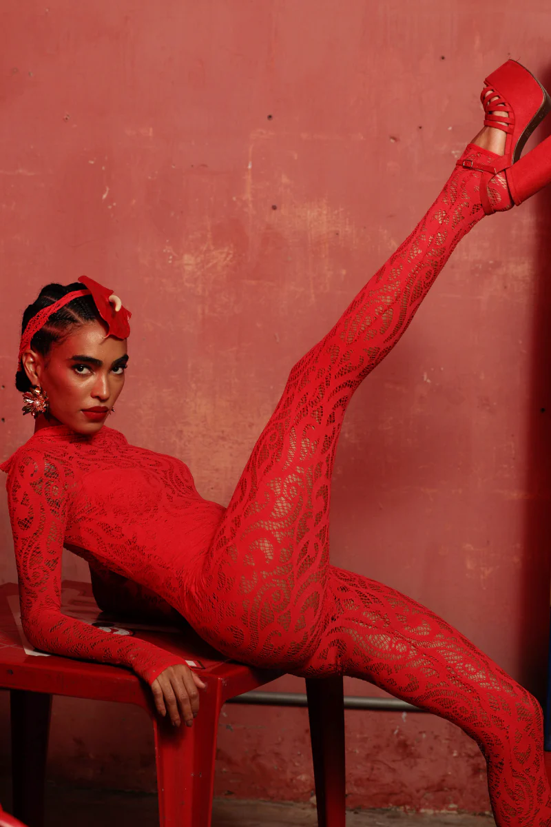 Rolling Cindy Catsuit - Red Lace - Image 3