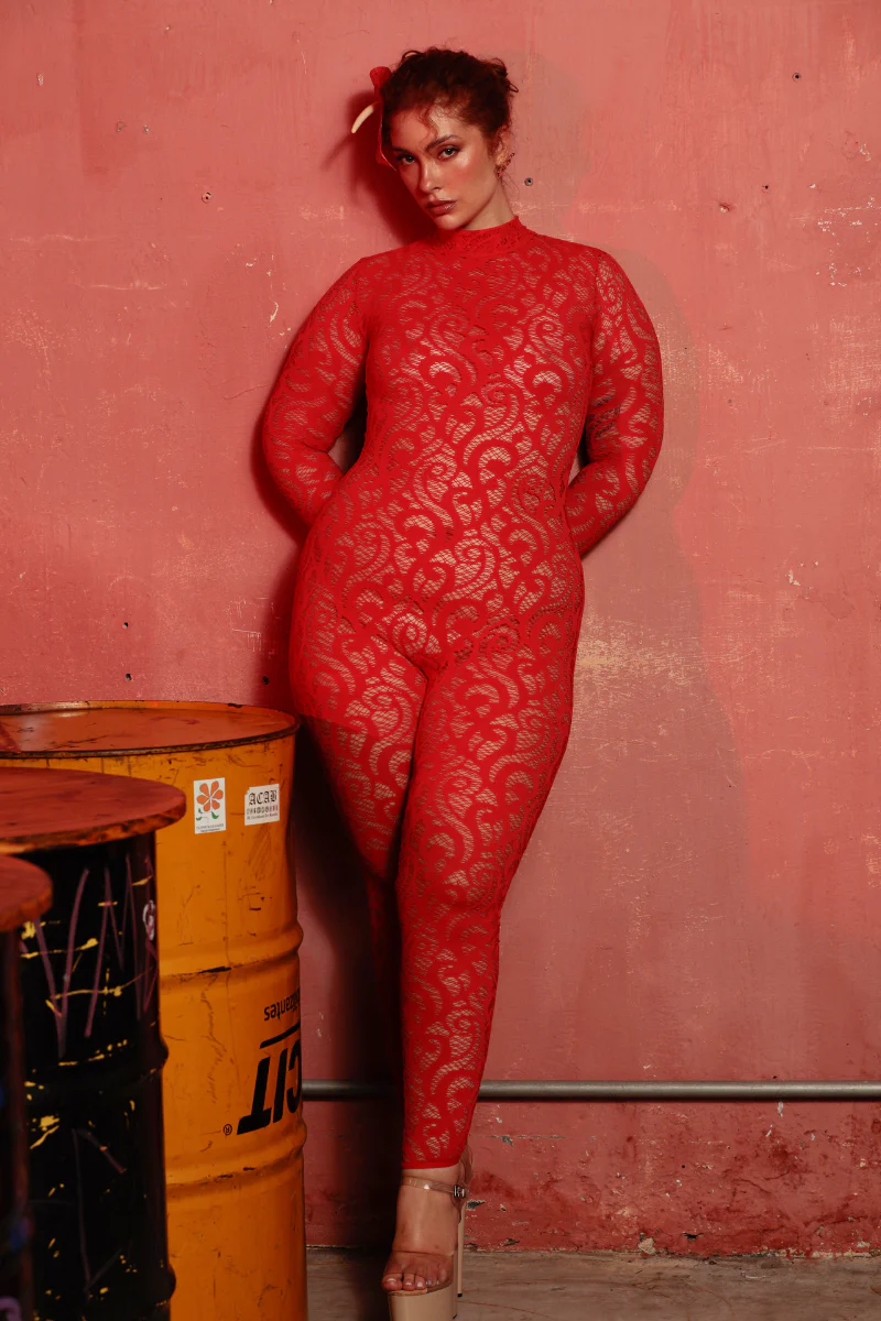 Rolling Cindy Catsuit - Red Lace - Image 4