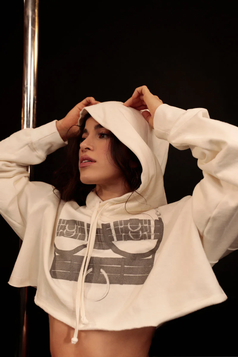 Rolling Mimeo Cropped Hoodie Halo Bralette - White - Image 2